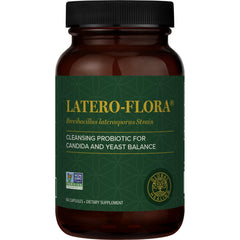 Global Healing Center Latero-Flora bottle pour supports convenient daily dosing for gut balance.