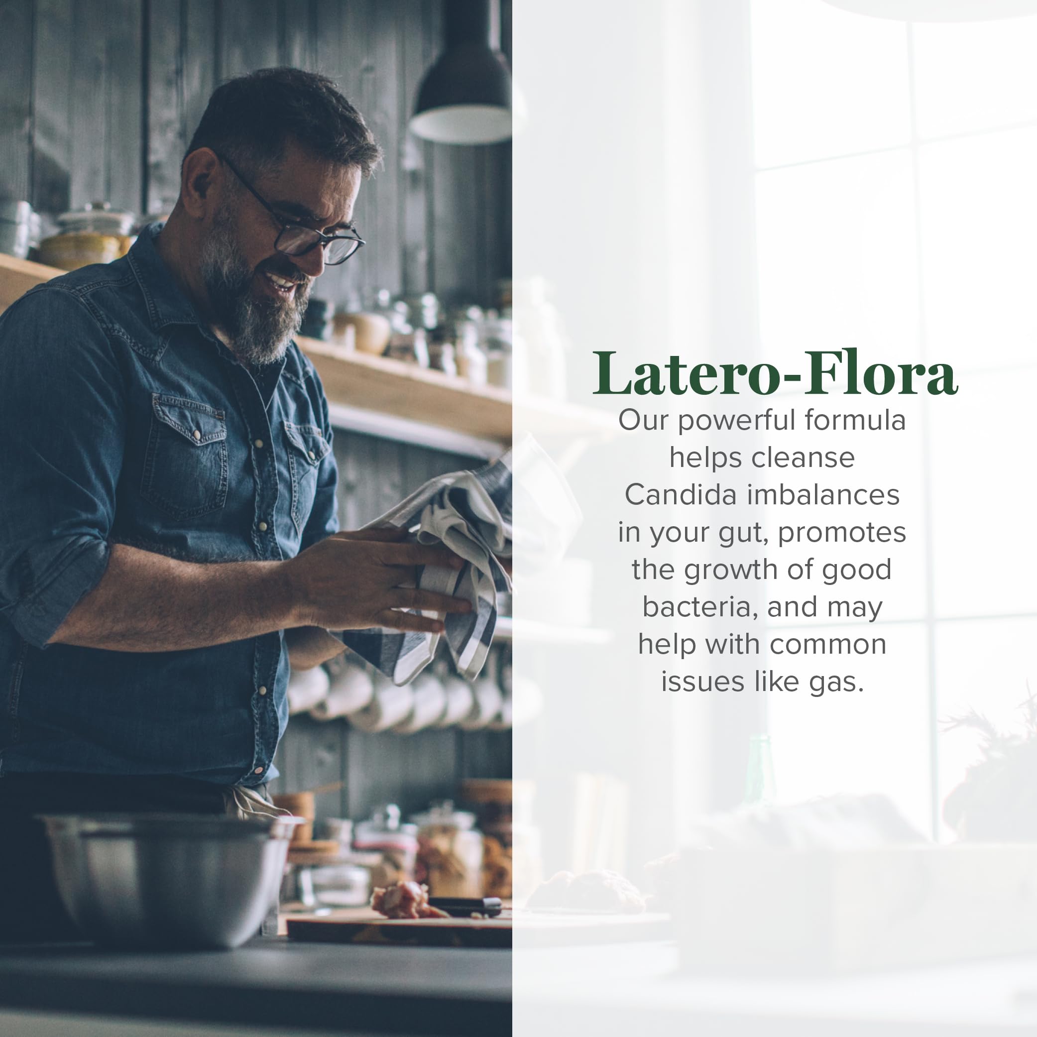 Global Healing Center Latero-Flora capsules shown for on-the-go digestive support.