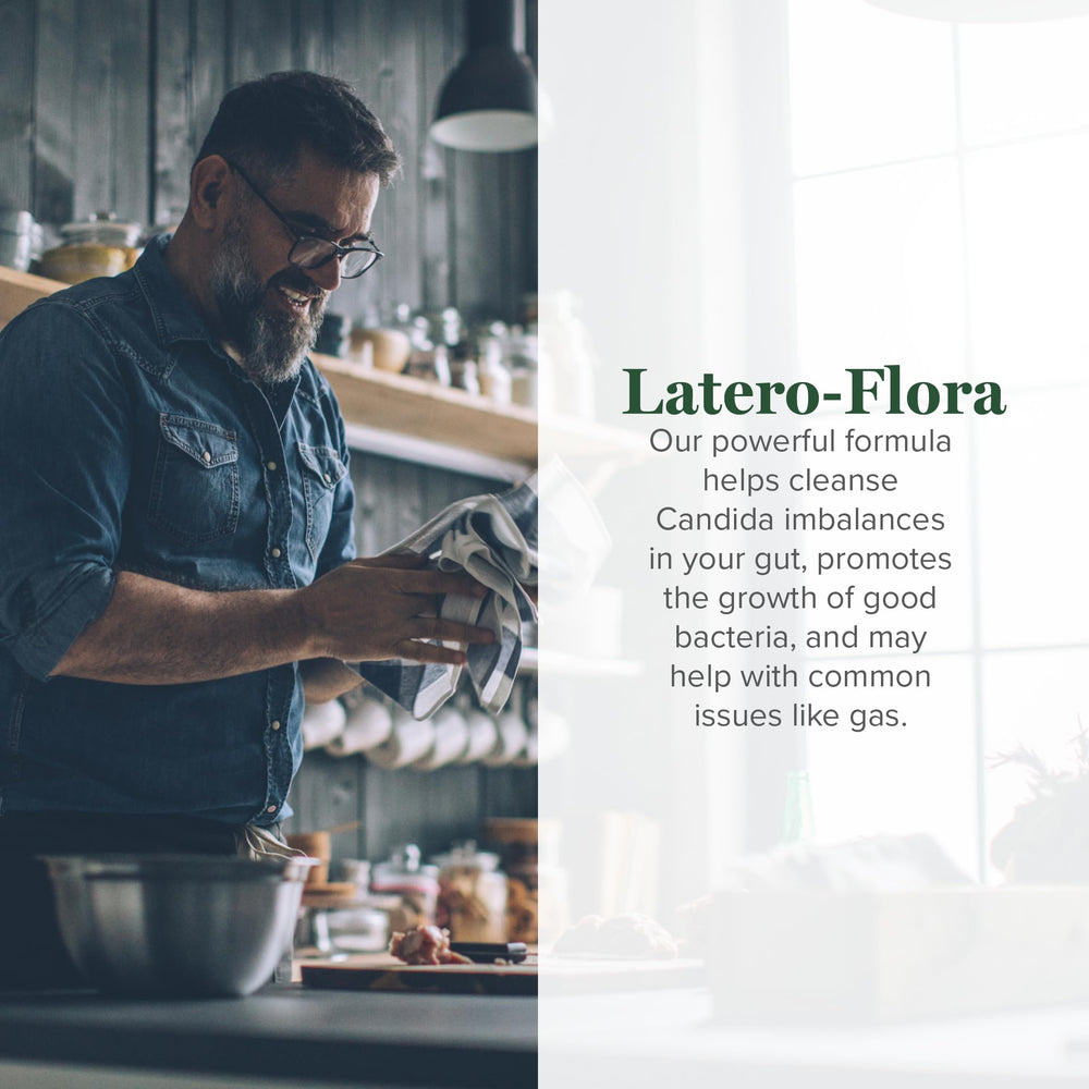 Global Healing Center Latero-Flora capsules shown for on-the-go digestive support.