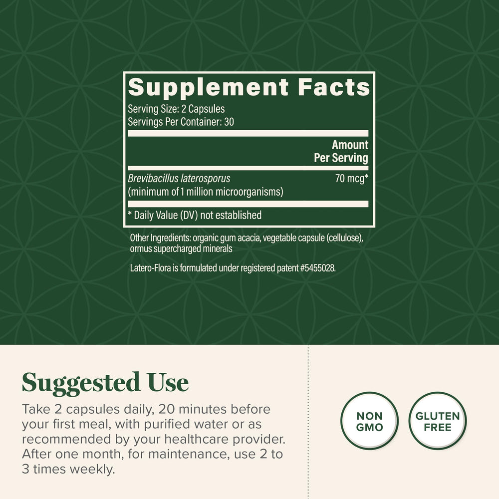 Global Healing Center Latero-Flora label closeup highlights key ingredients and quality.