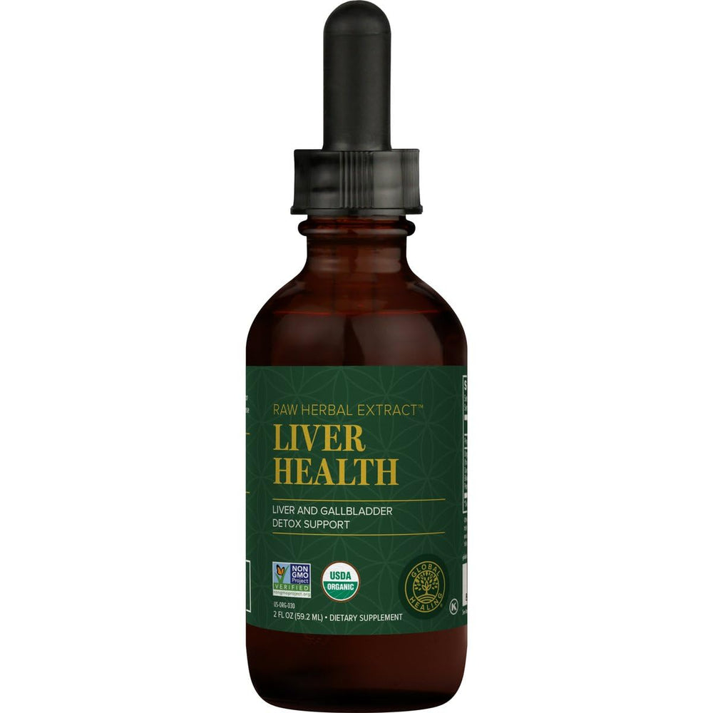 Global Healing Center Liver Health bottle being poured for digestive comfort