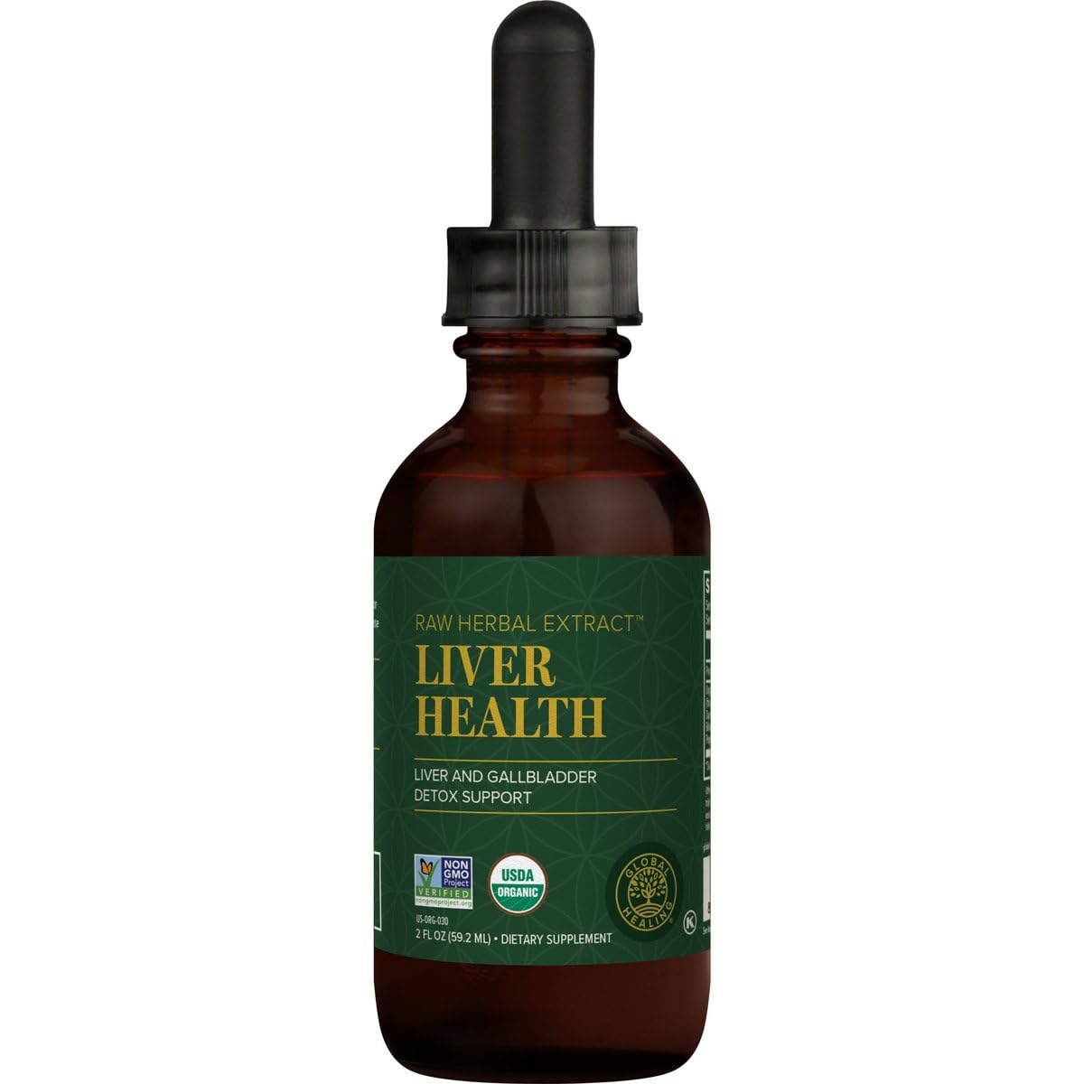 Global Healing Center Liver Health bottle being poured for digestive comfort