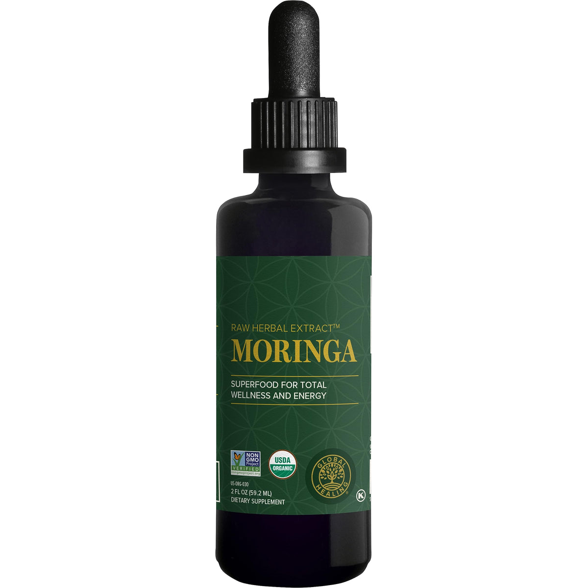 Global Healing Center Moringa liquid drops bottle being poured for daily nutrition support