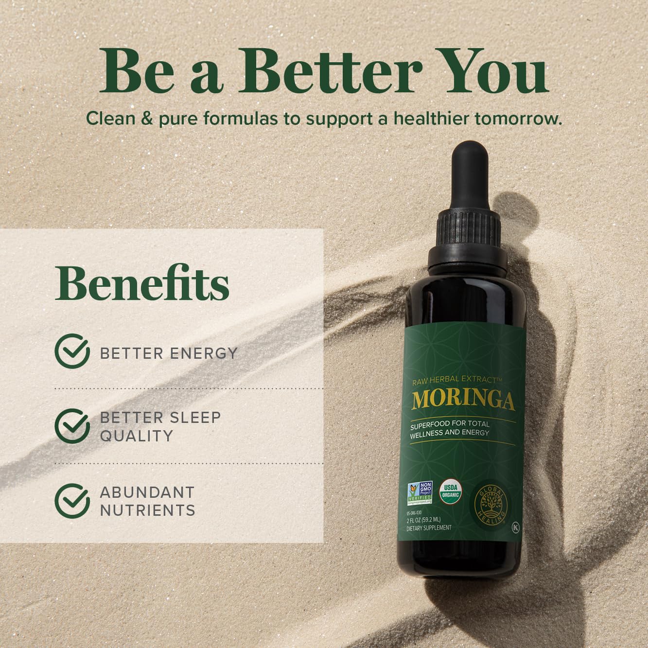 Global Healing Center Moringa drops dropper closeup showing potent nutrient delivery