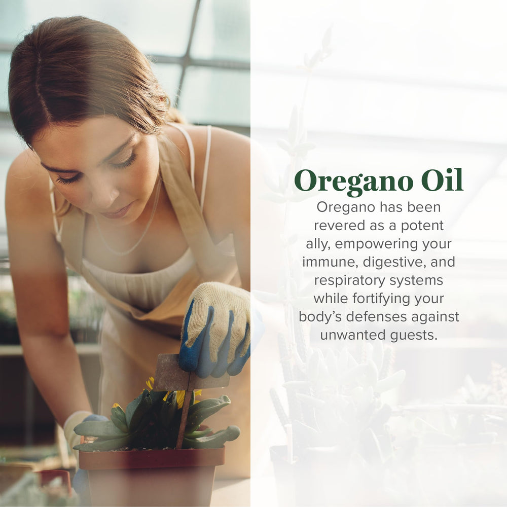 Global Healing Center oregano oil capsules label close-up highlights organic ingredients.