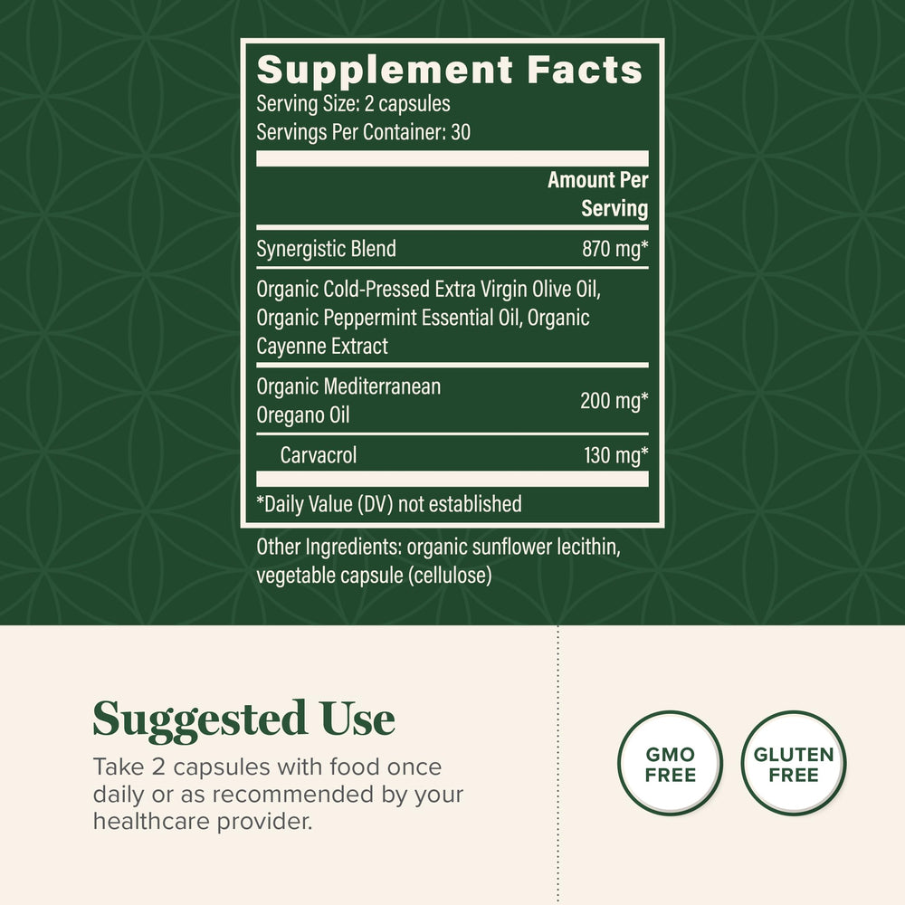 Global Healing Center oregano oil capsules pour view suggests easy swallowing.