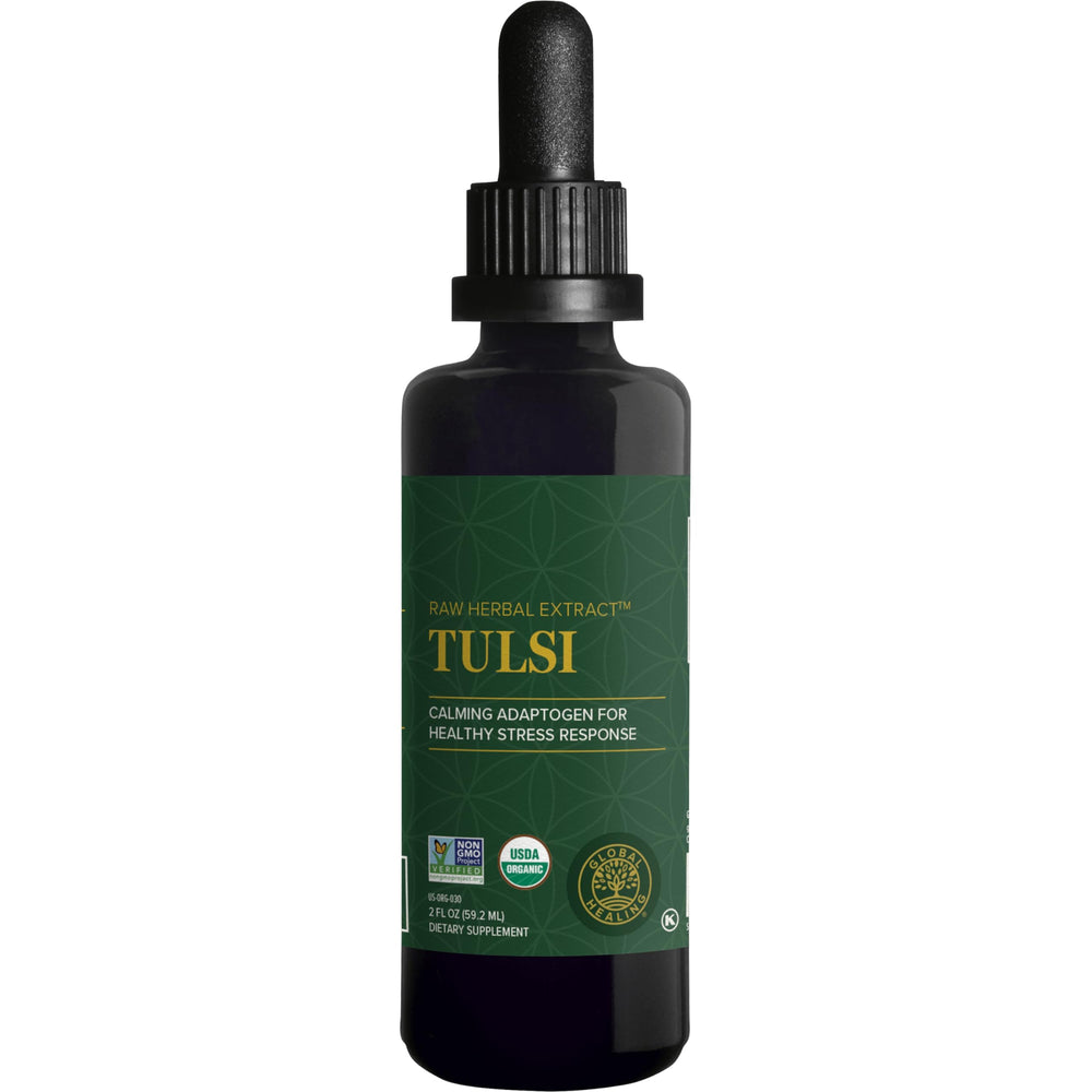 Global Healing Center Tulsi drops bottle for daily calm and gentle energy.