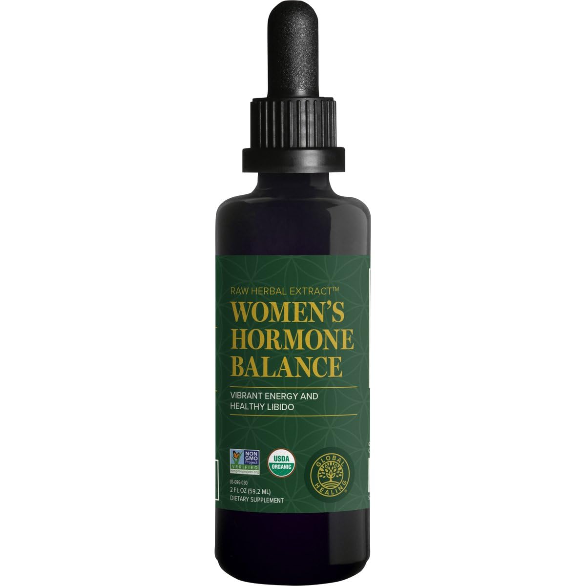 Global Healing Center organic women's hormone balance drops bottle on a clean surface for easy daily use