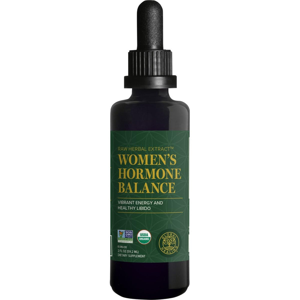 Global Healing Center organic women's hormone balance drops bottle on a clean surface for easy daily use
