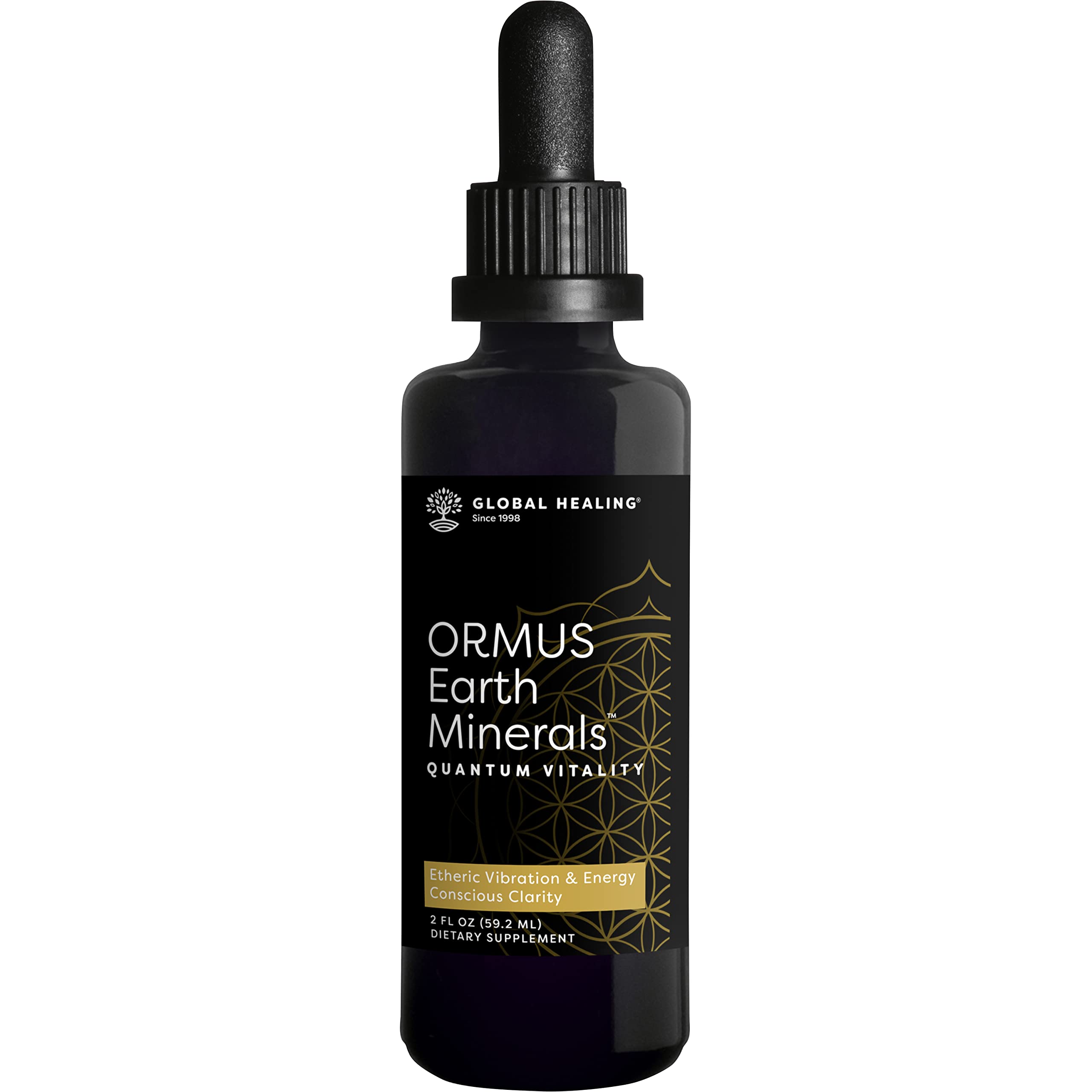 Global Healing Center ORMUS Earth Minerals bottle in daily-use setup for mindfulness.