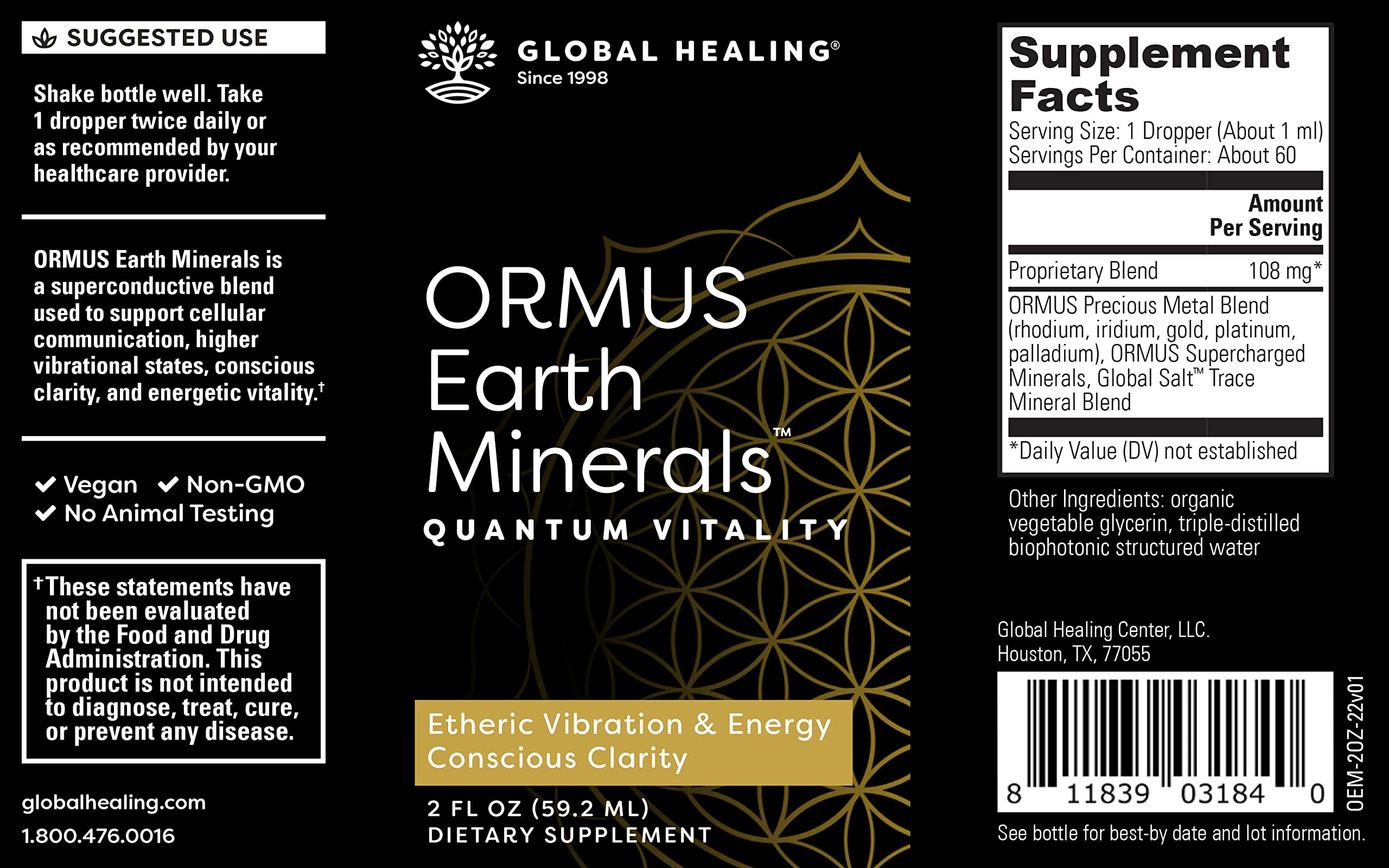 Closeup of ORMUS Earth Minerals label highlighting premium ingredients.