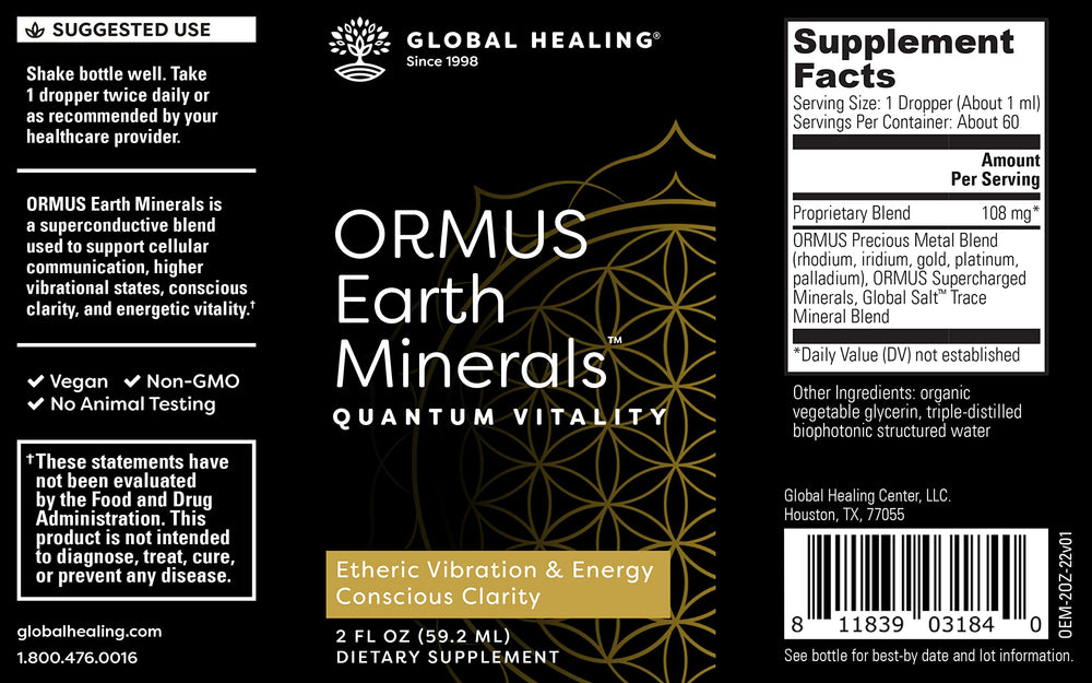 Closeup of ORMUS Earth Minerals label highlighting premium ingredients.