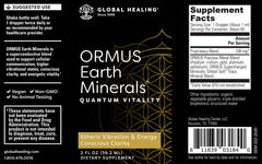 Closeup of ORMUS Earth Minerals label highlighting premium ingredients.