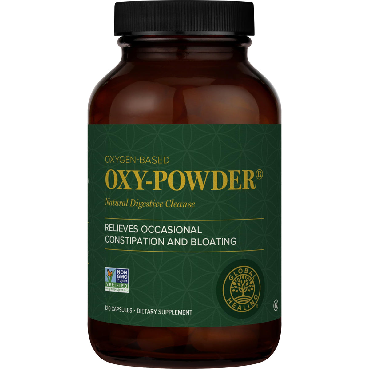 Global Healing Center Oxy-Powder bottle shows easy nightly cleanse potential.