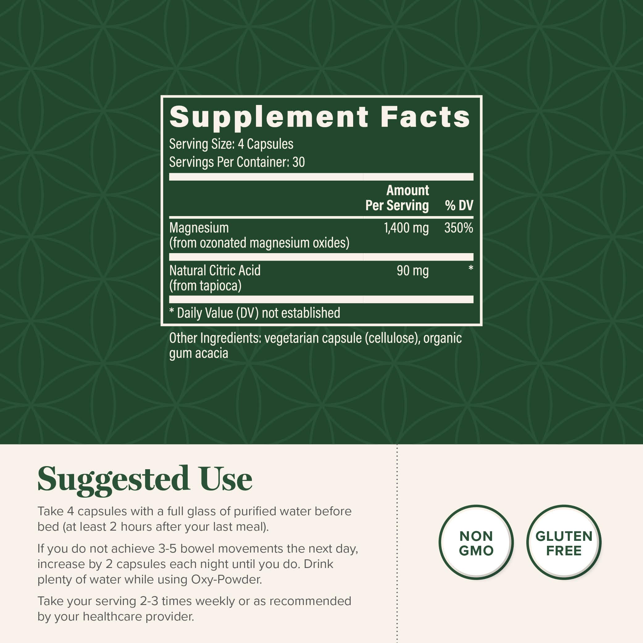 Global Healing Center Oxy-Powder label closeup highlights ingredients and safety notes.