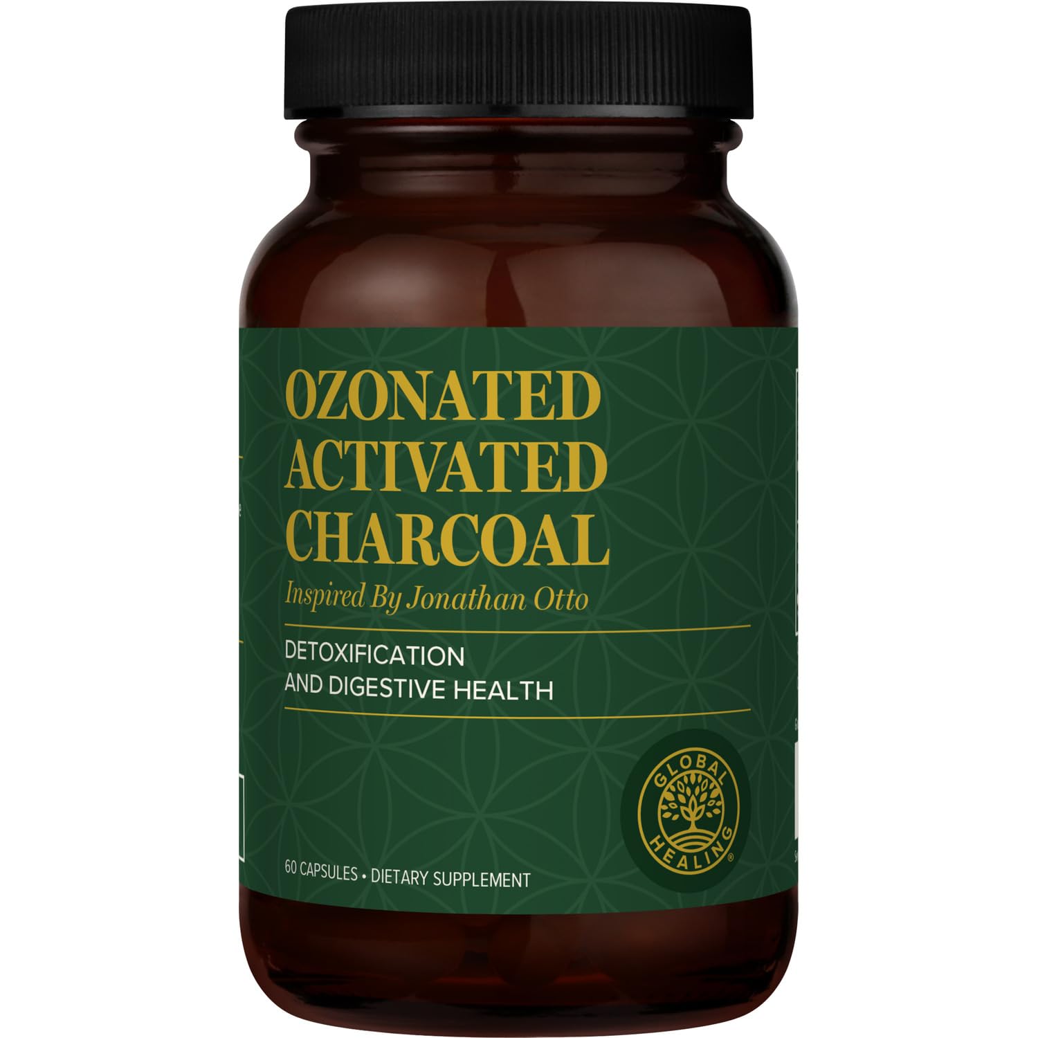 Global Healing Center ozonated activated charcoal pills bottle supports digestive comfort.