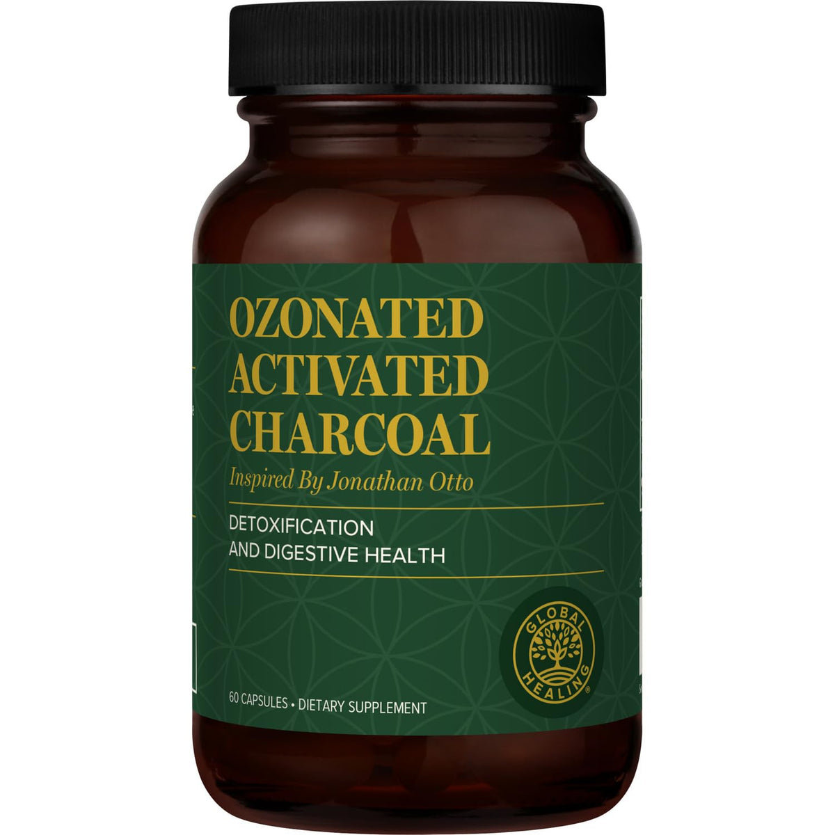 Global Healing Center ozonated activated charcoal pills bottle supports digestive comfort.