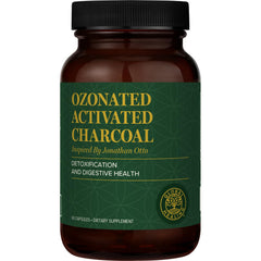 Global Healing Center ozonated activated charcoal pills bottle supports digestive comfort.
