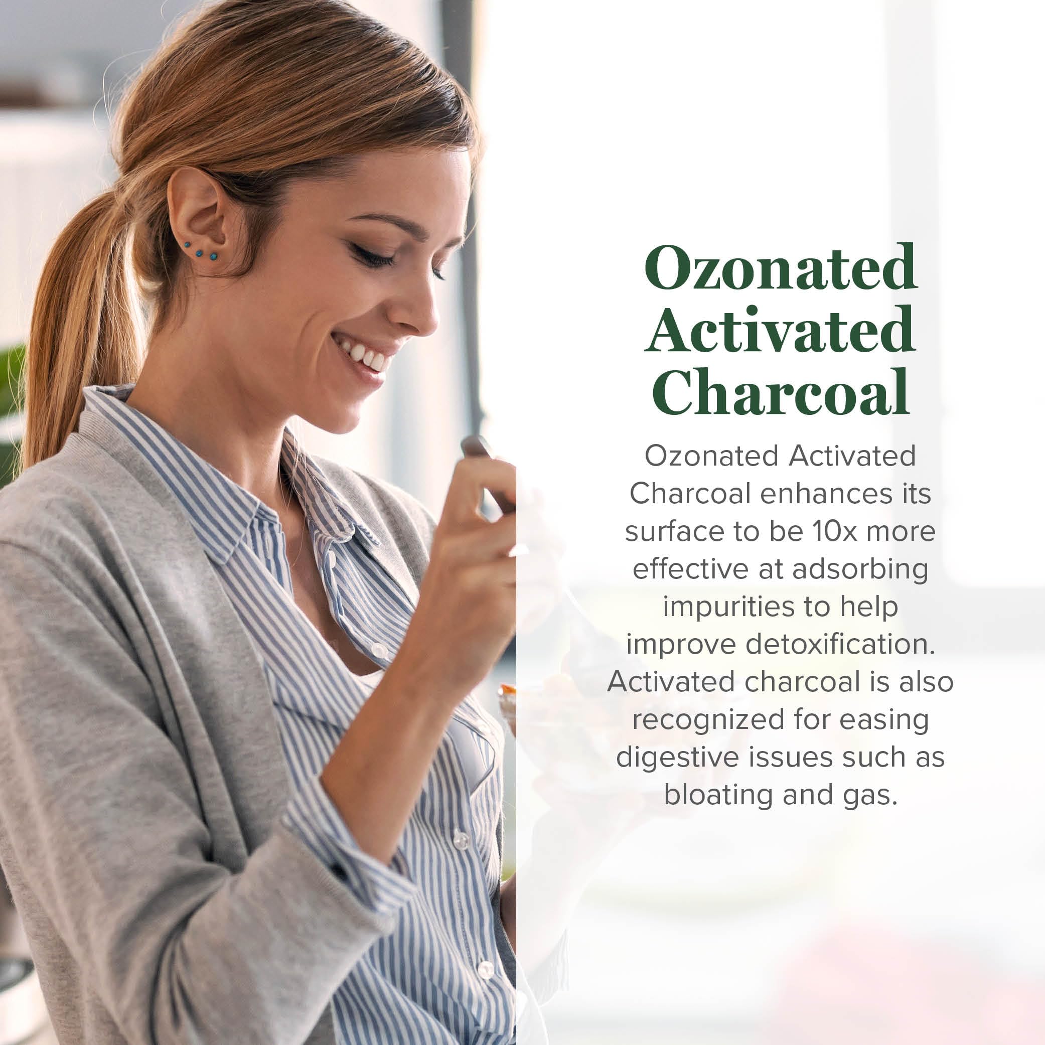 Global Healing Center ozonated charcoal pills dosing scene for daily wellness.