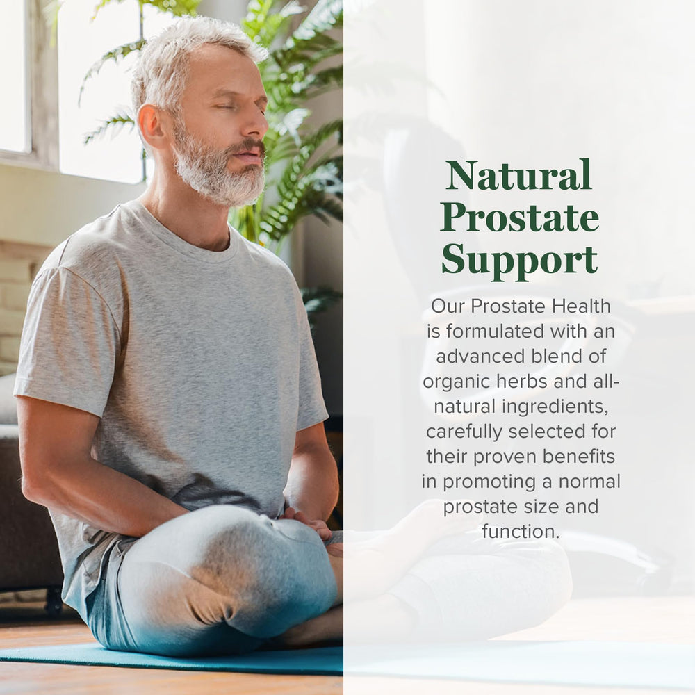 Global Healing Center Prostate Health capsules ready for daily use beside water