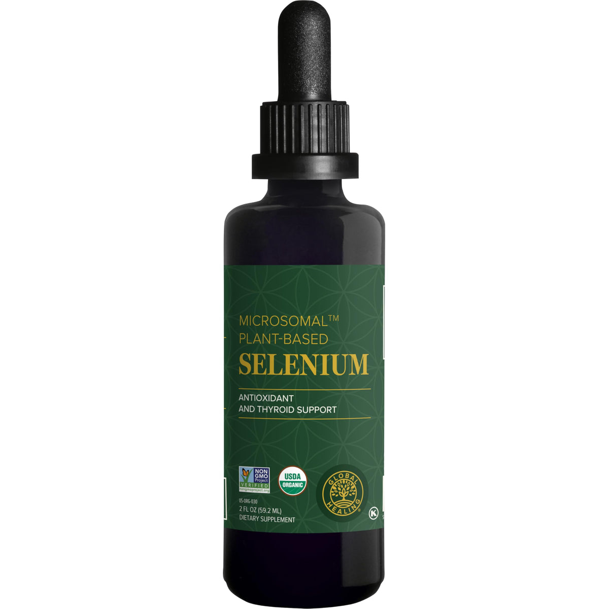 Global Healing Center Selenium 200mcg drops bottle close-up with organic ingredients for daily support.