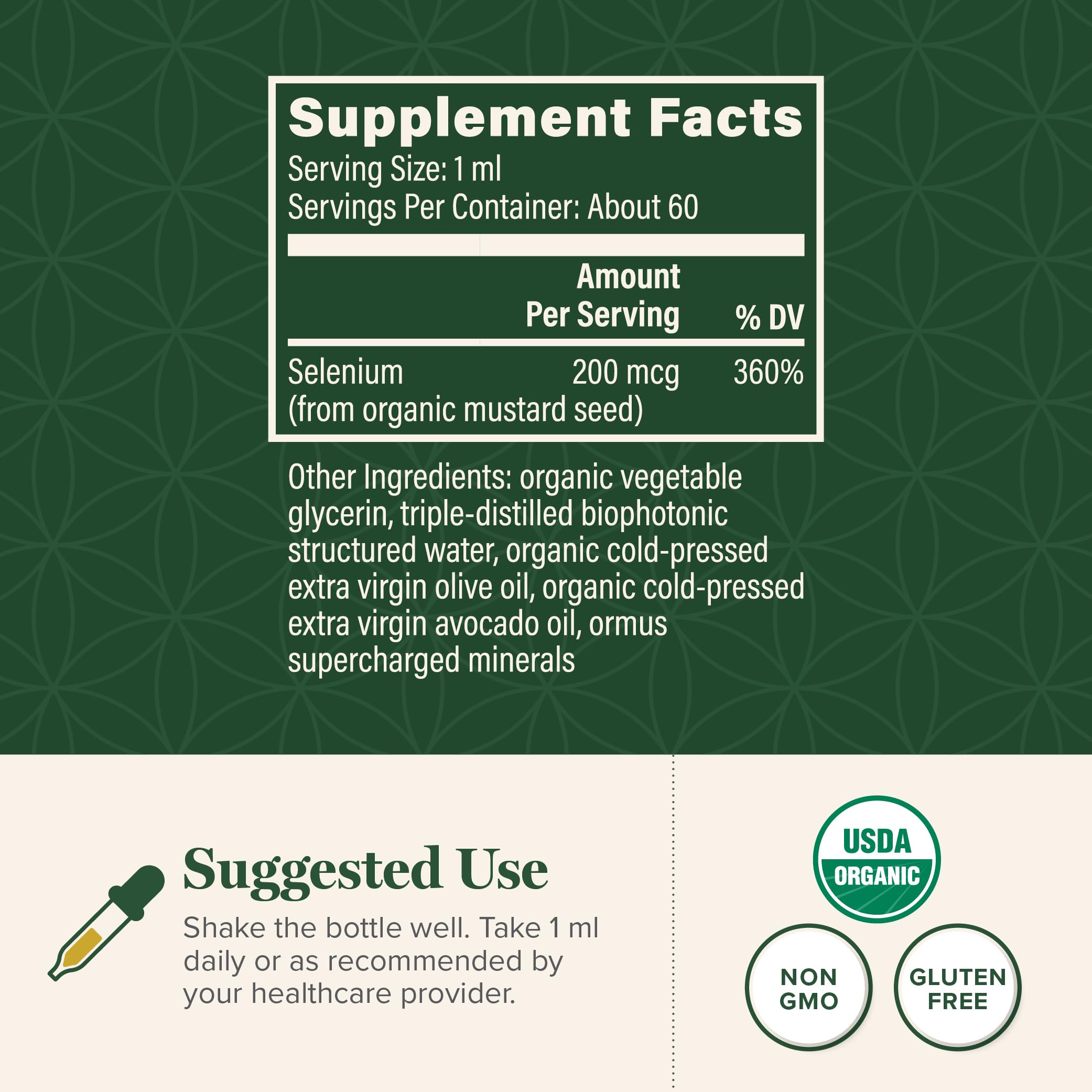 Global Healing Center Selenium 200mcg drops bottle showcases organic vegan formulation for daily use.