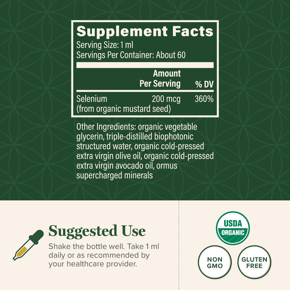 Global Healing Center Selenium 200mcg drops bottle showcases organic vegan formulation for daily use.