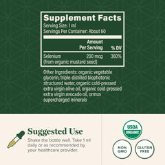 Global Healing Center Selenium 200mcg drops bottle showcases organic vegan formulation for daily use.