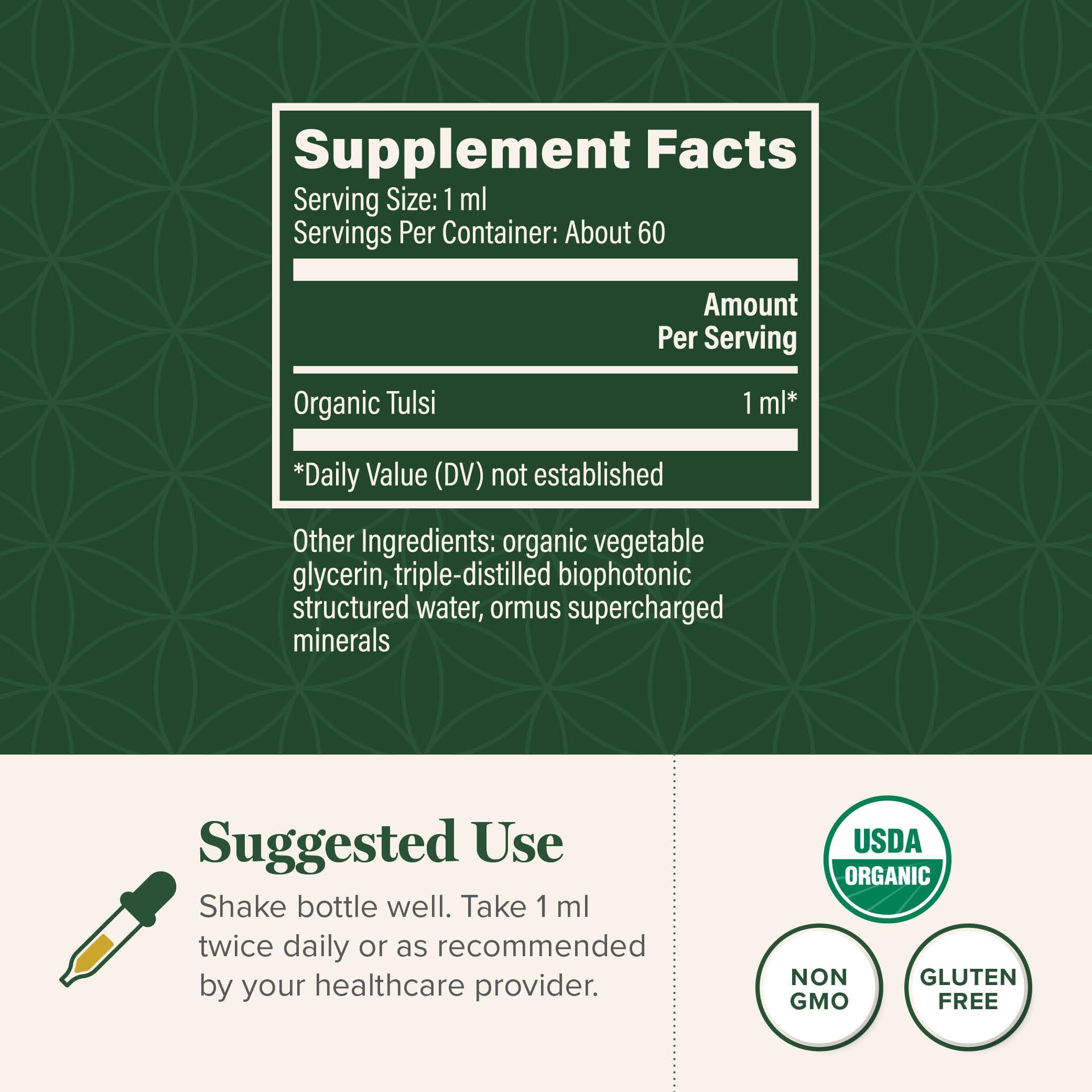 Global Healing Center Tulsi drops pour, easy administration for on-the-go calm.