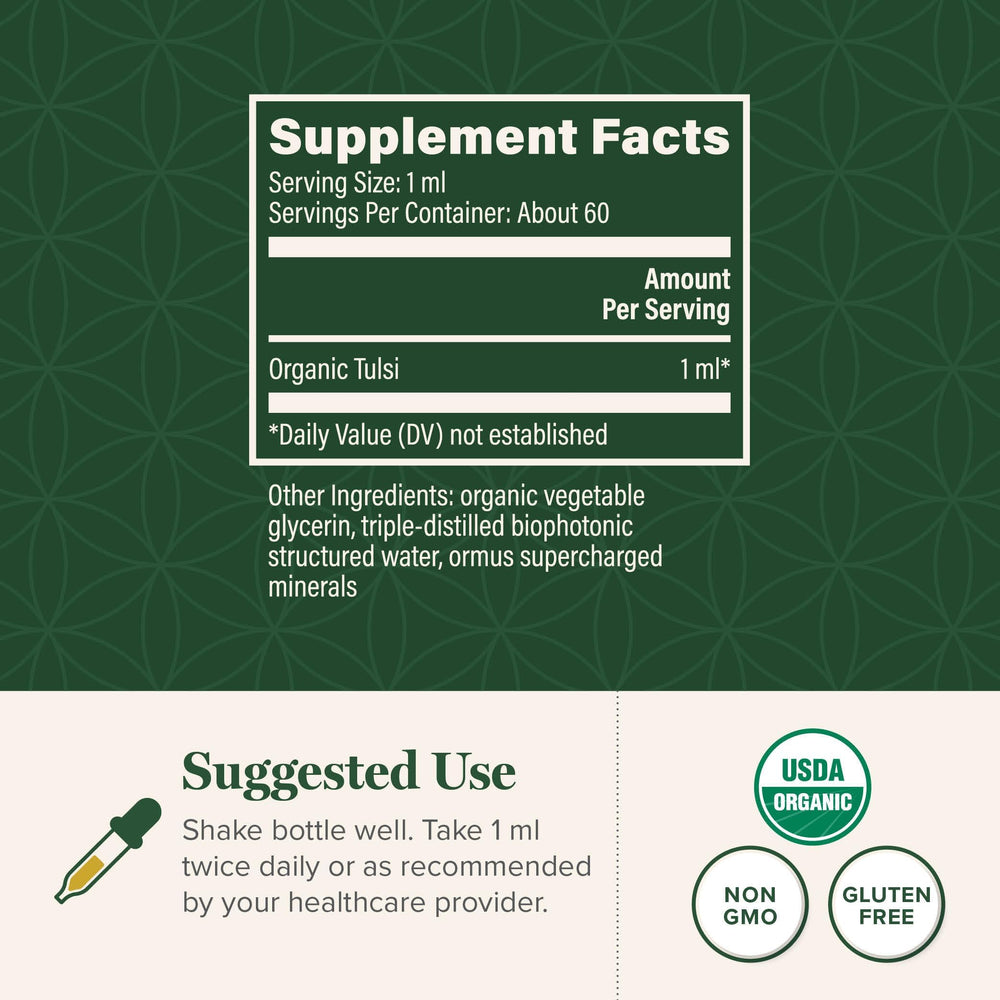 Global Healing Center Tulsi drops pour, easy administration for on-the-go calm.