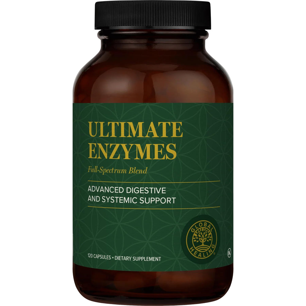 Global Healing Center Ultimate Enzymes bottle pour supports digestion and gut comfort.