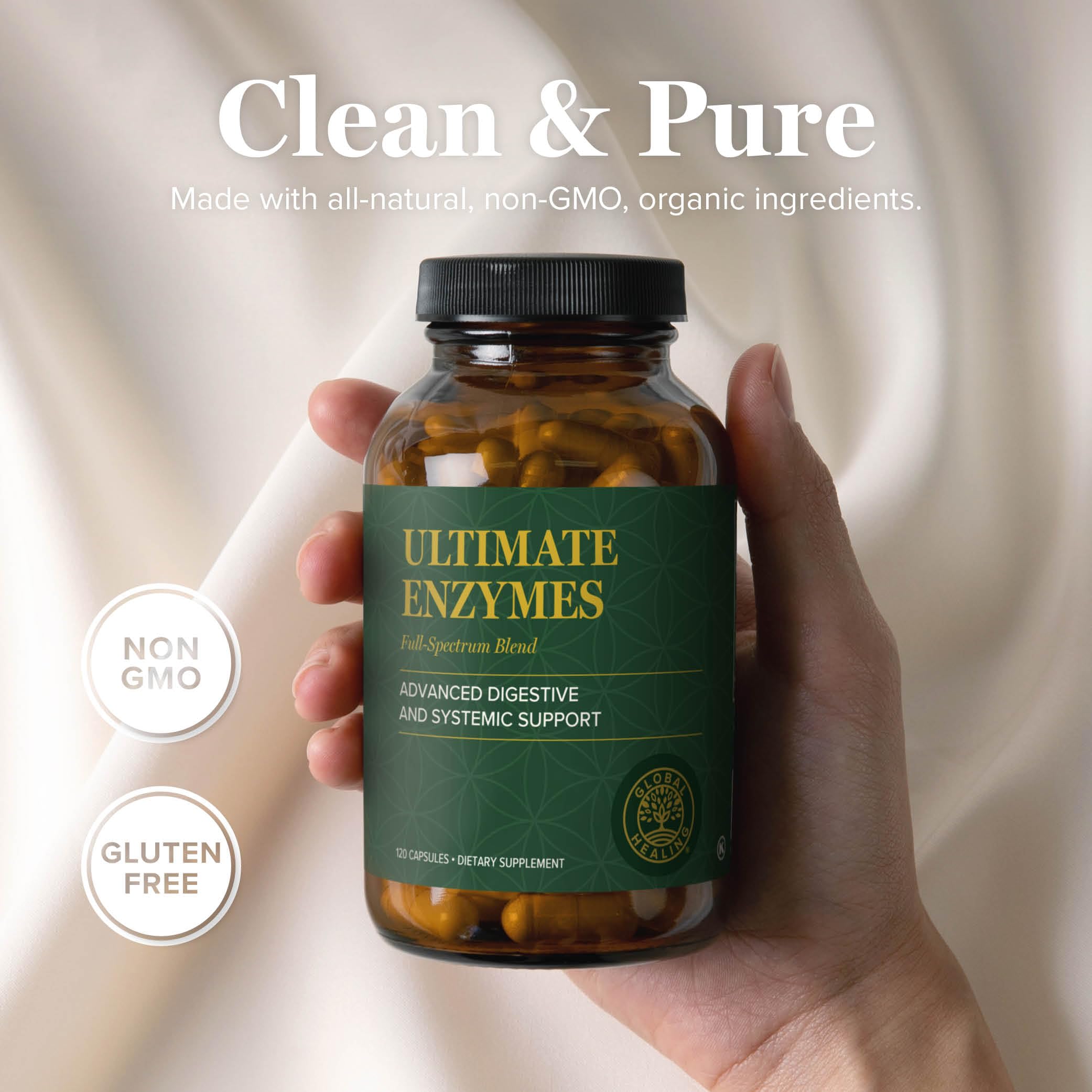 Global Healing Center Ultimate Enzymes label view emphasizes broad enzyme spectrum.