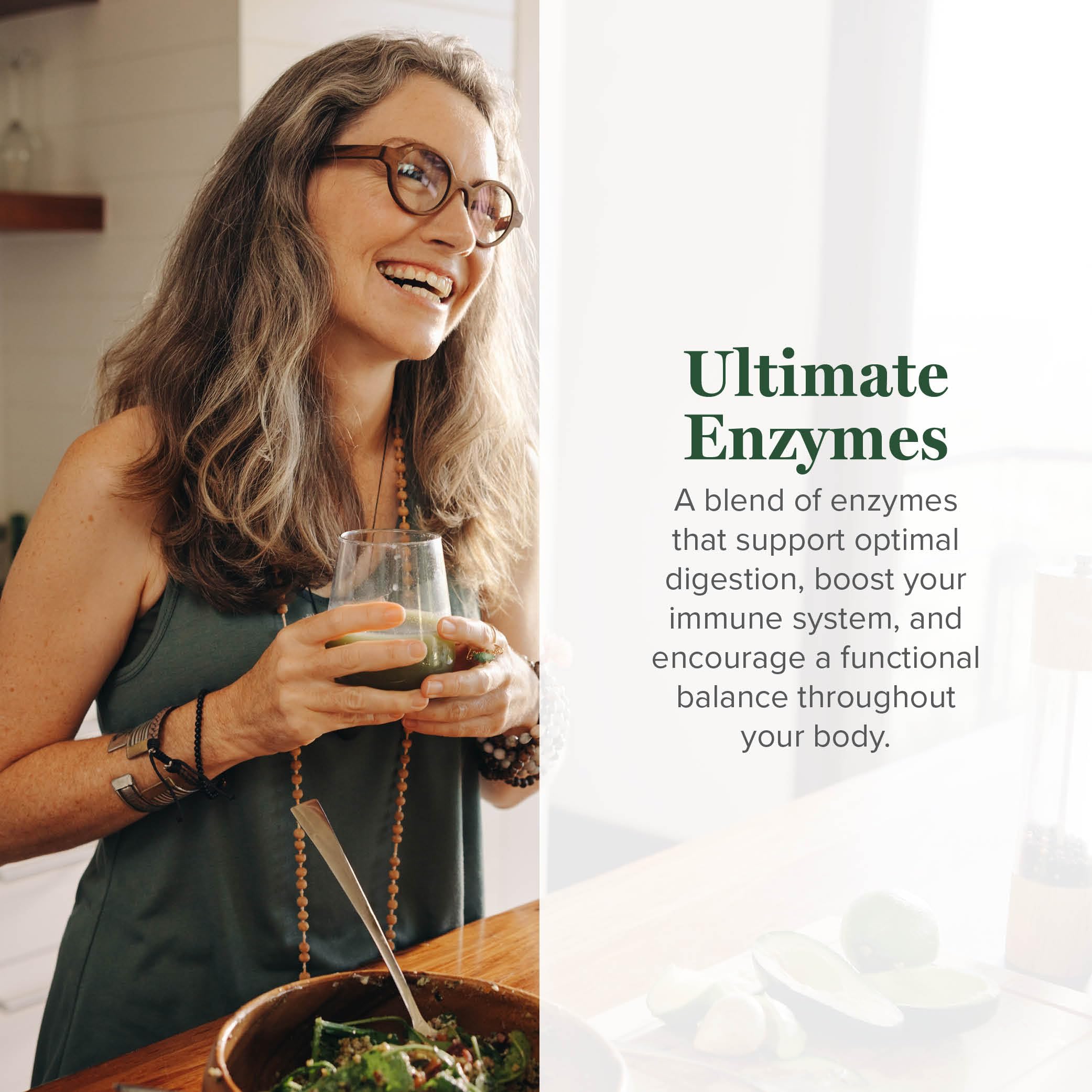 Global Healing Center Ultimate Enzymes packaging display highlights vegan blend.