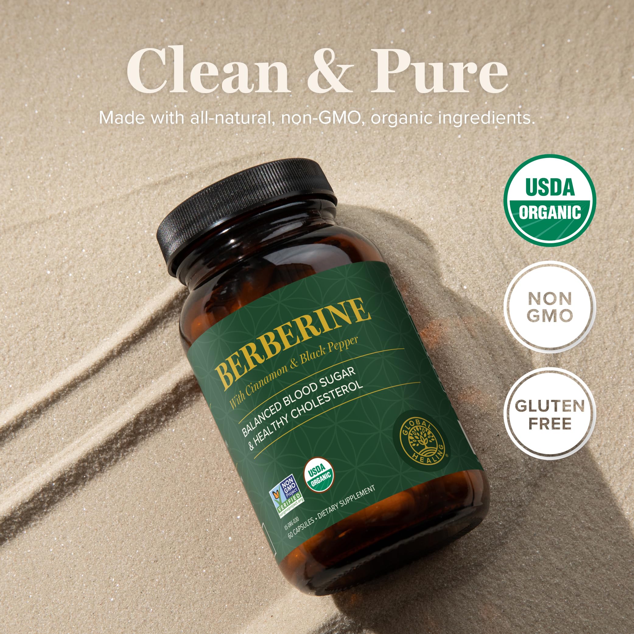 Global Healing Center USA-made seal on berberine bottle for quality assurance.