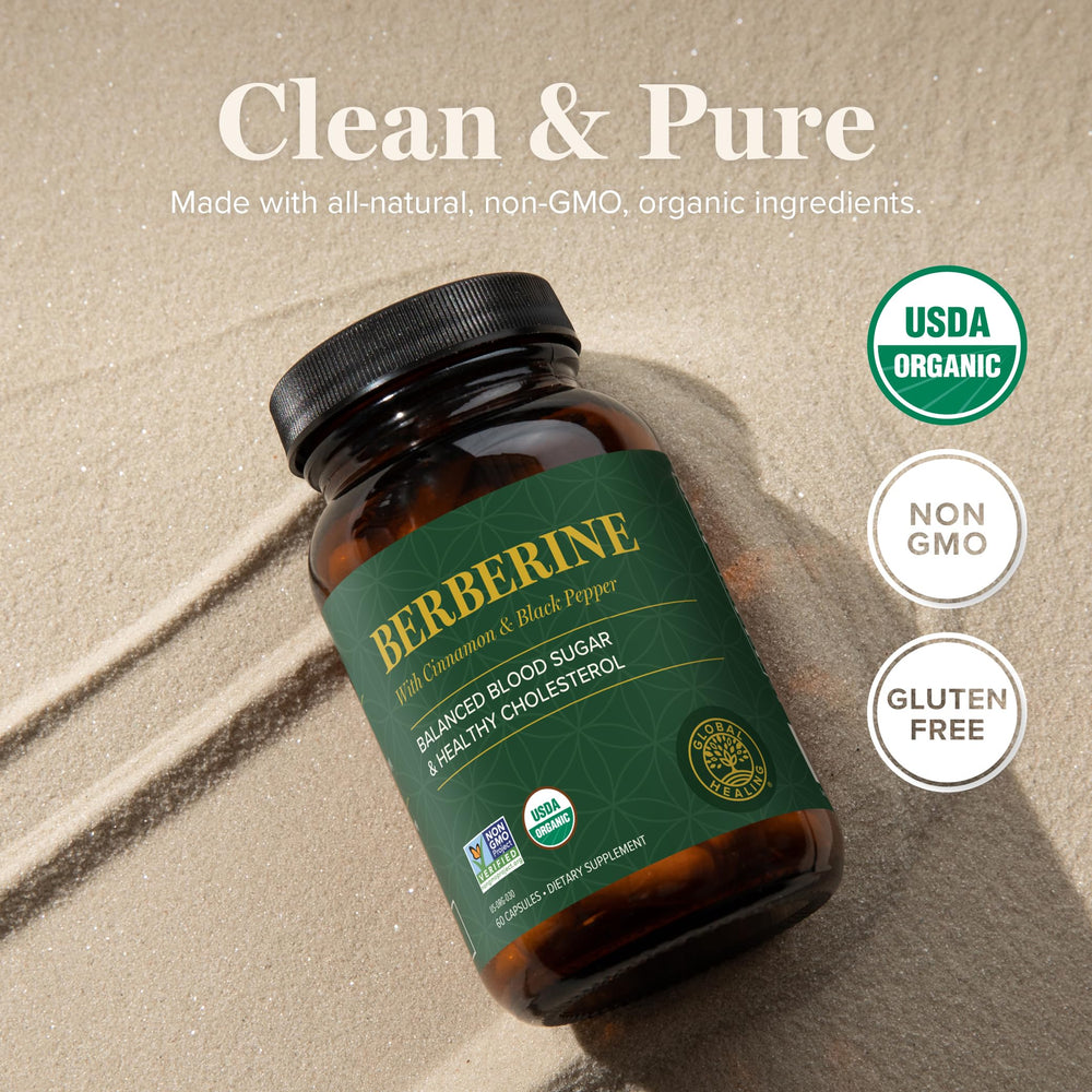 Global Healing Center USA-made seal on berberine bottle for quality assurance.