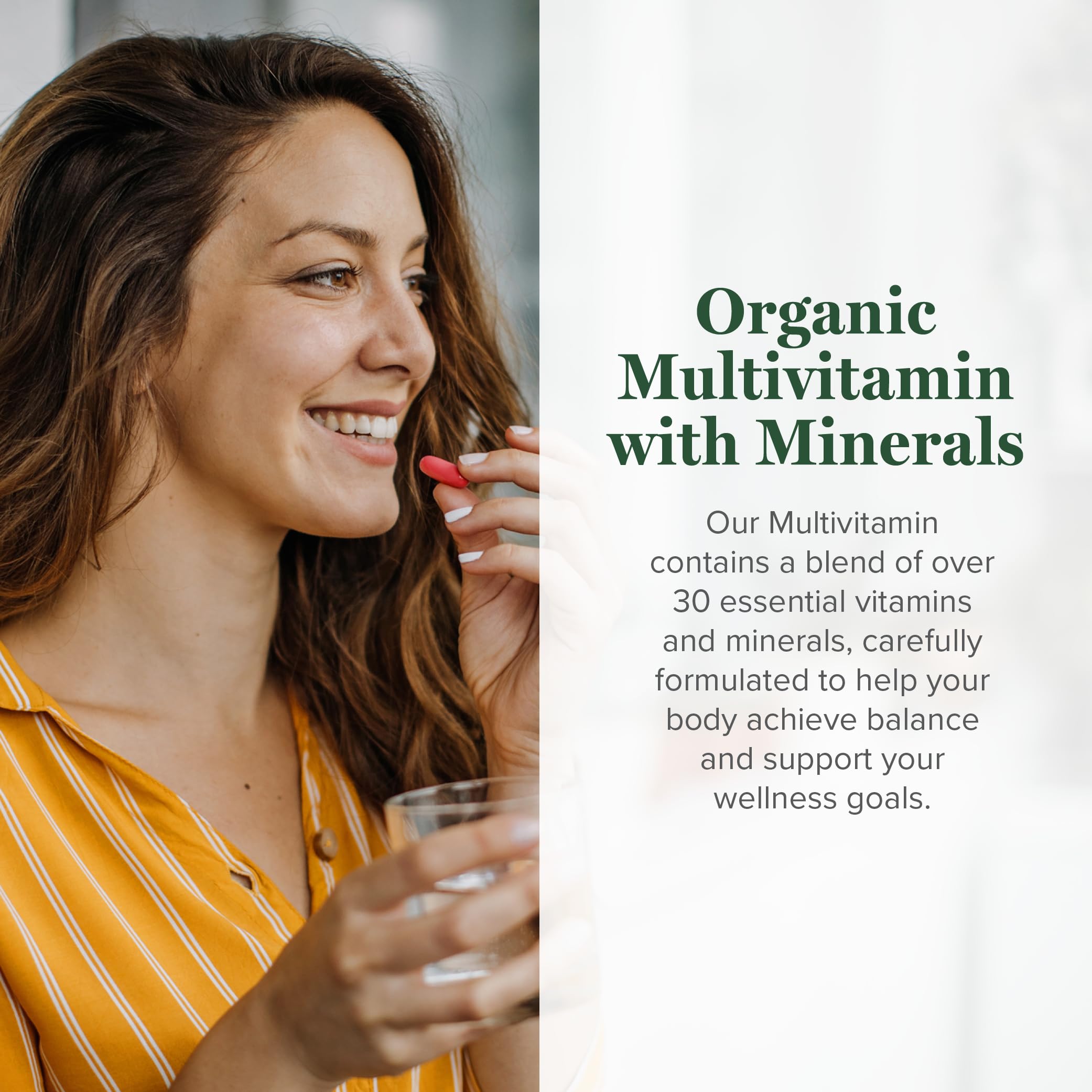 Close-up of the multivitamin label with organic certification and nutrient panel.