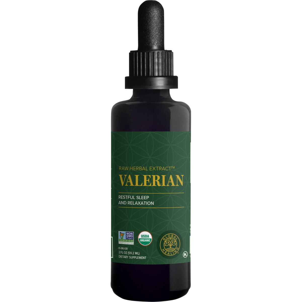 Global Healing Center valerian bottle pour supports restful sleep