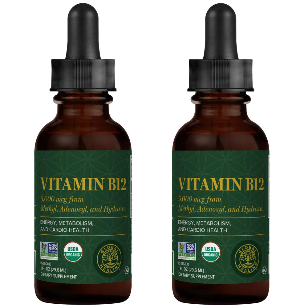 Global Healing Center Vitamin B12 5000 mcg bottle pour for easy dosing.