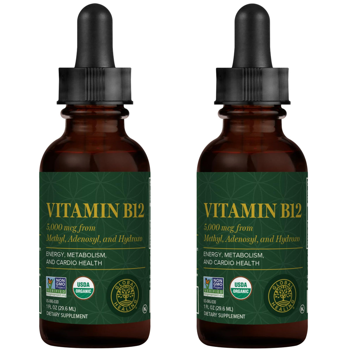 Global Healing Center Vitamin B12 5000 mcg bottle pour for easy dosing.