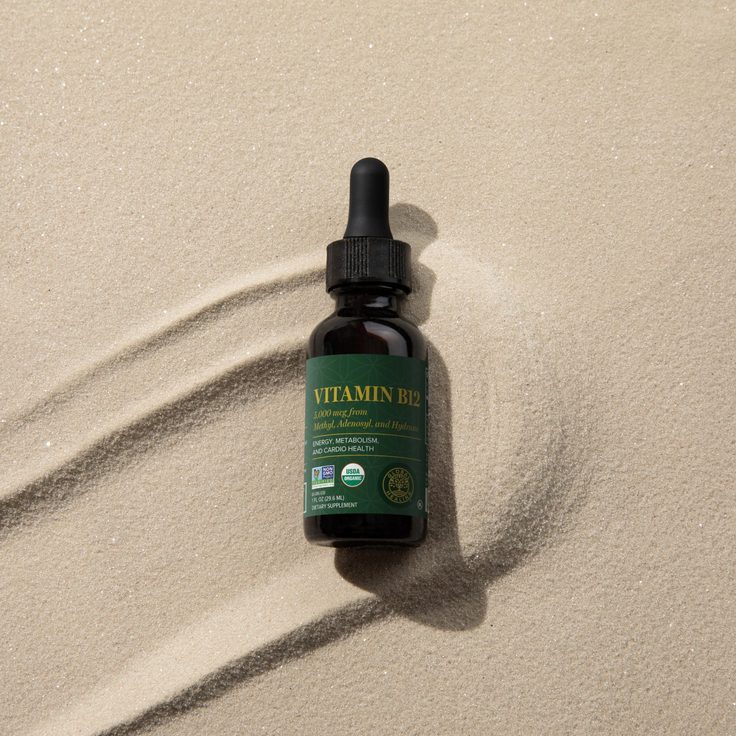 Global Healing Center B12 organic certification seal signals quality ingredients.