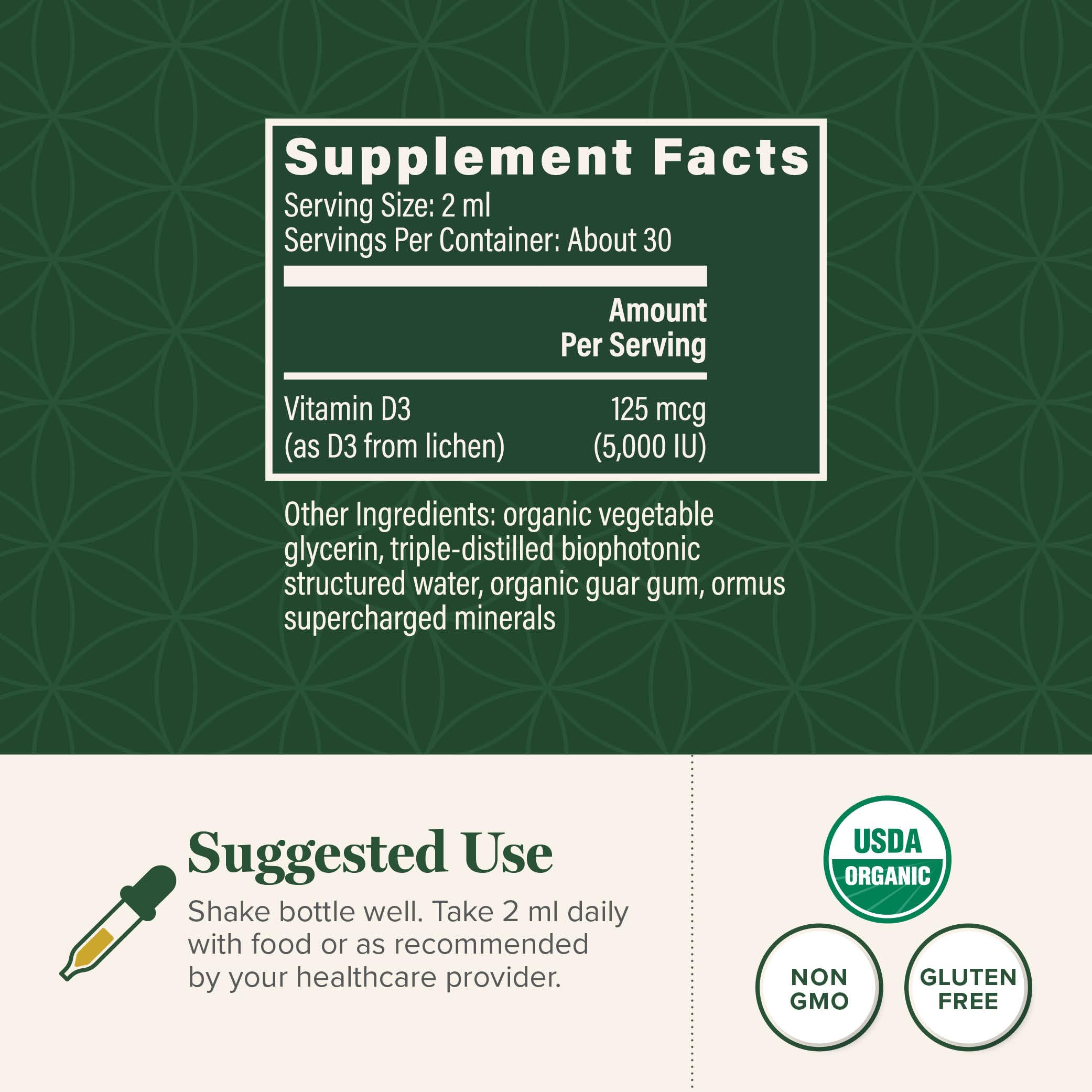 Global Healing Center Vitamin D3 liquid drops label closeup highlighting organic quality.
