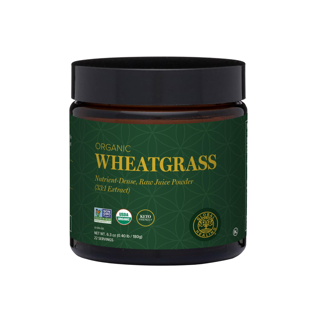 Global Healing Center wheatgrass powder jar front shows nutrient-dense powder for daily vitality.