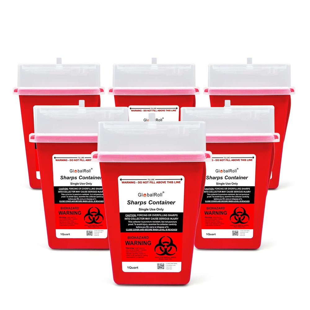 GlobalRoll sharps container teardrop hole enables safe needle disposal on the go