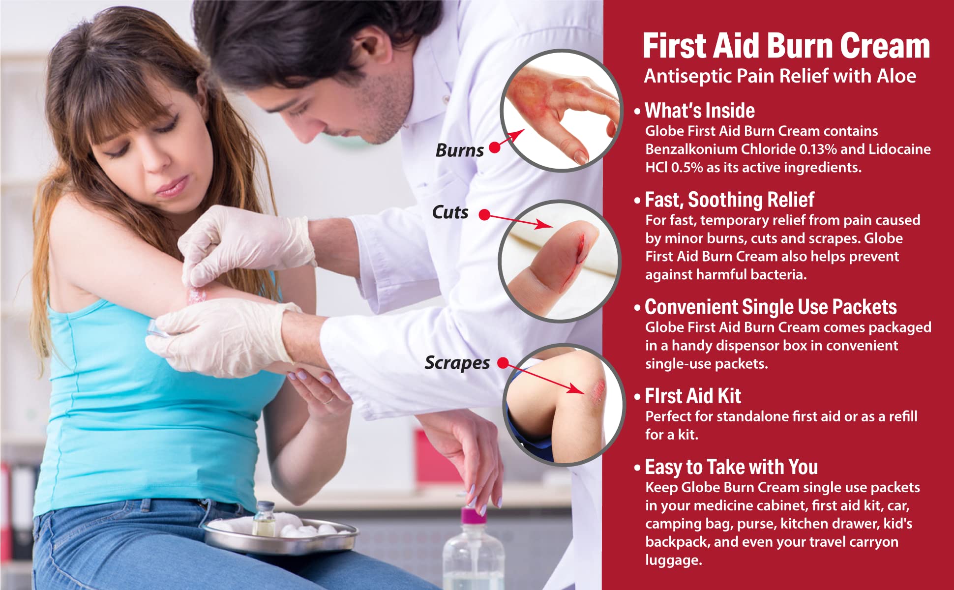 Globe burn cream label highlights lidocaine and benzalkonium for topical application.