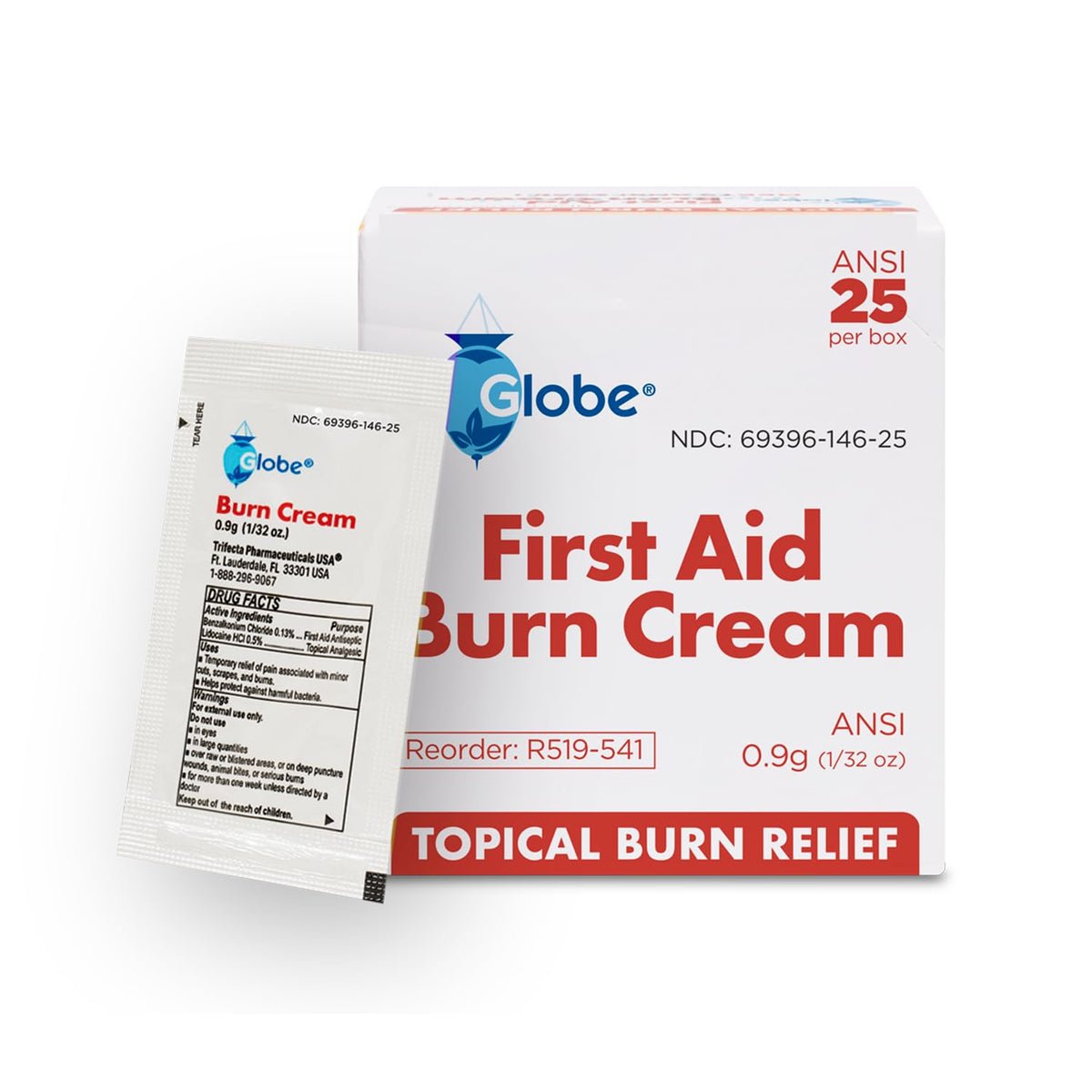 Globe burn cream packet on the go, ideal for travel and quick minor burn care.