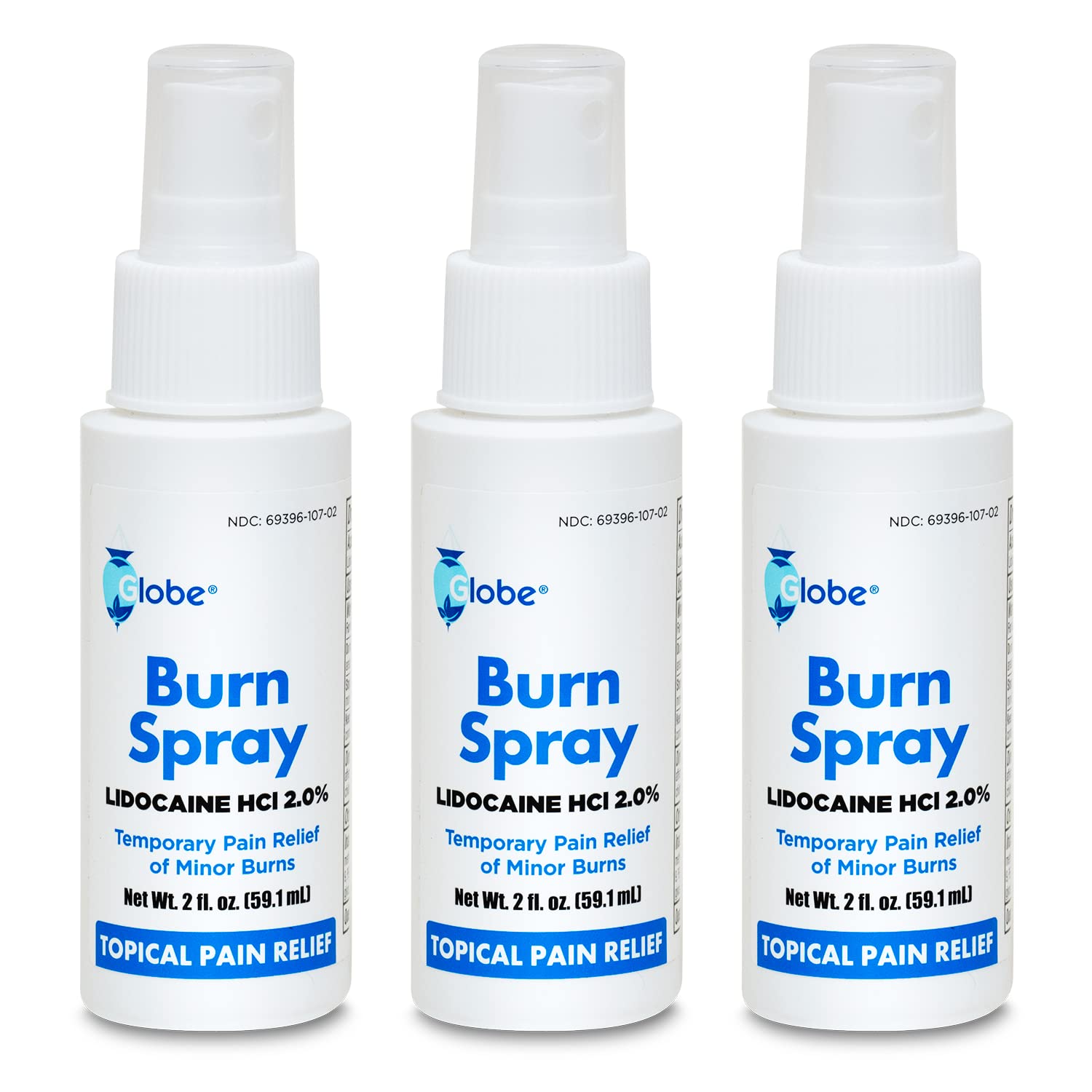 Globe Burn Spray front view with lidocaine 2% in compact 2 oz size for home care