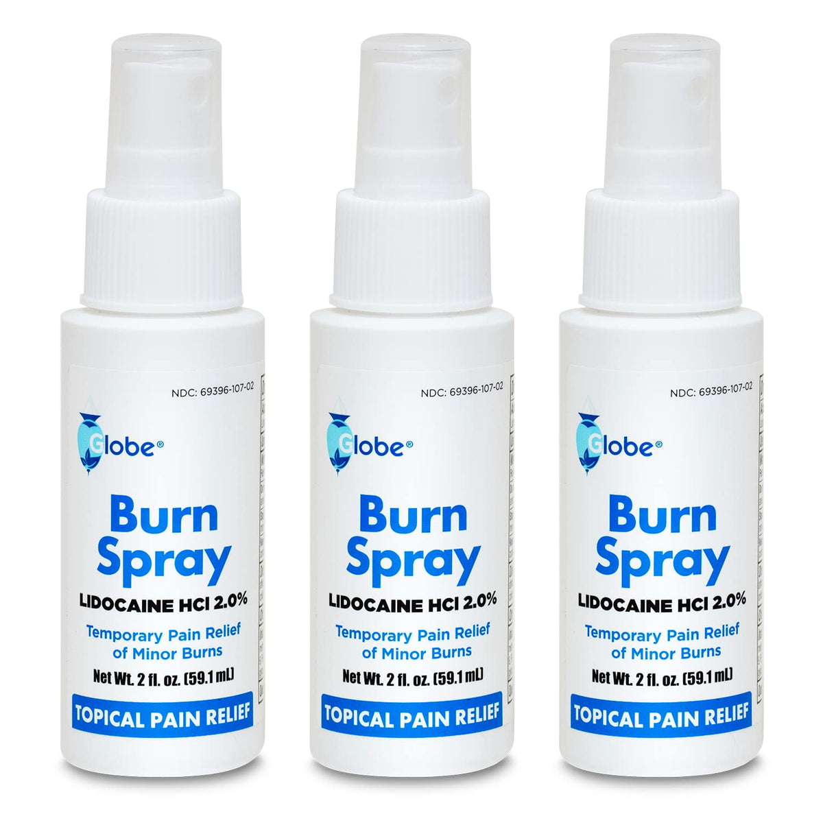 Globe Burn Spray front view with lidocaine 2% in compact 2 oz size for home care