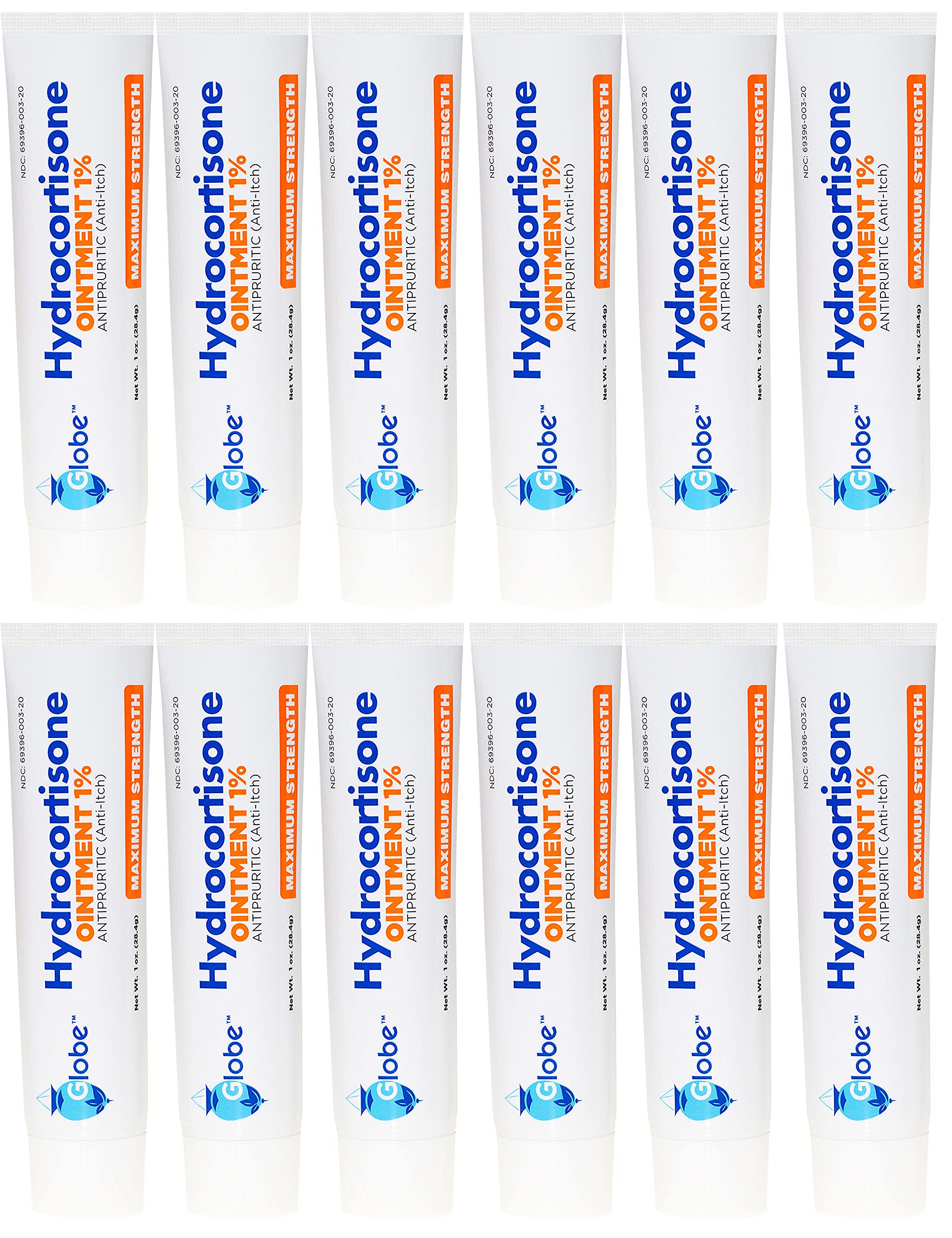 Globe Hydrocortisone 1% ointment 1oz tube shown for quick itch relief on skin.