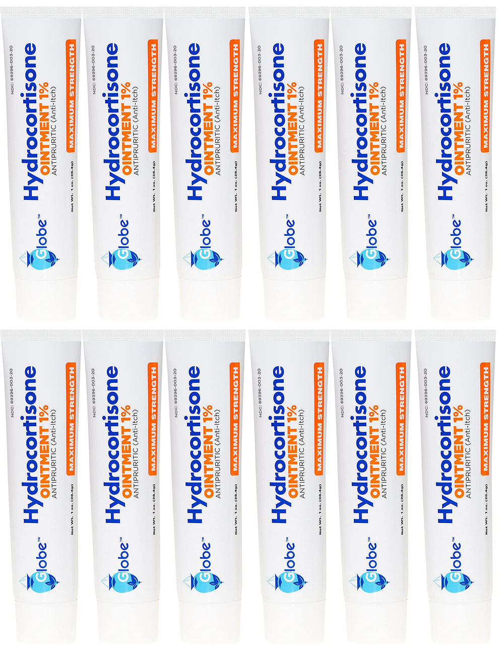 Globe Hydrocortisone 1% ointment 1oz tube shown for quick itch relief on skin.