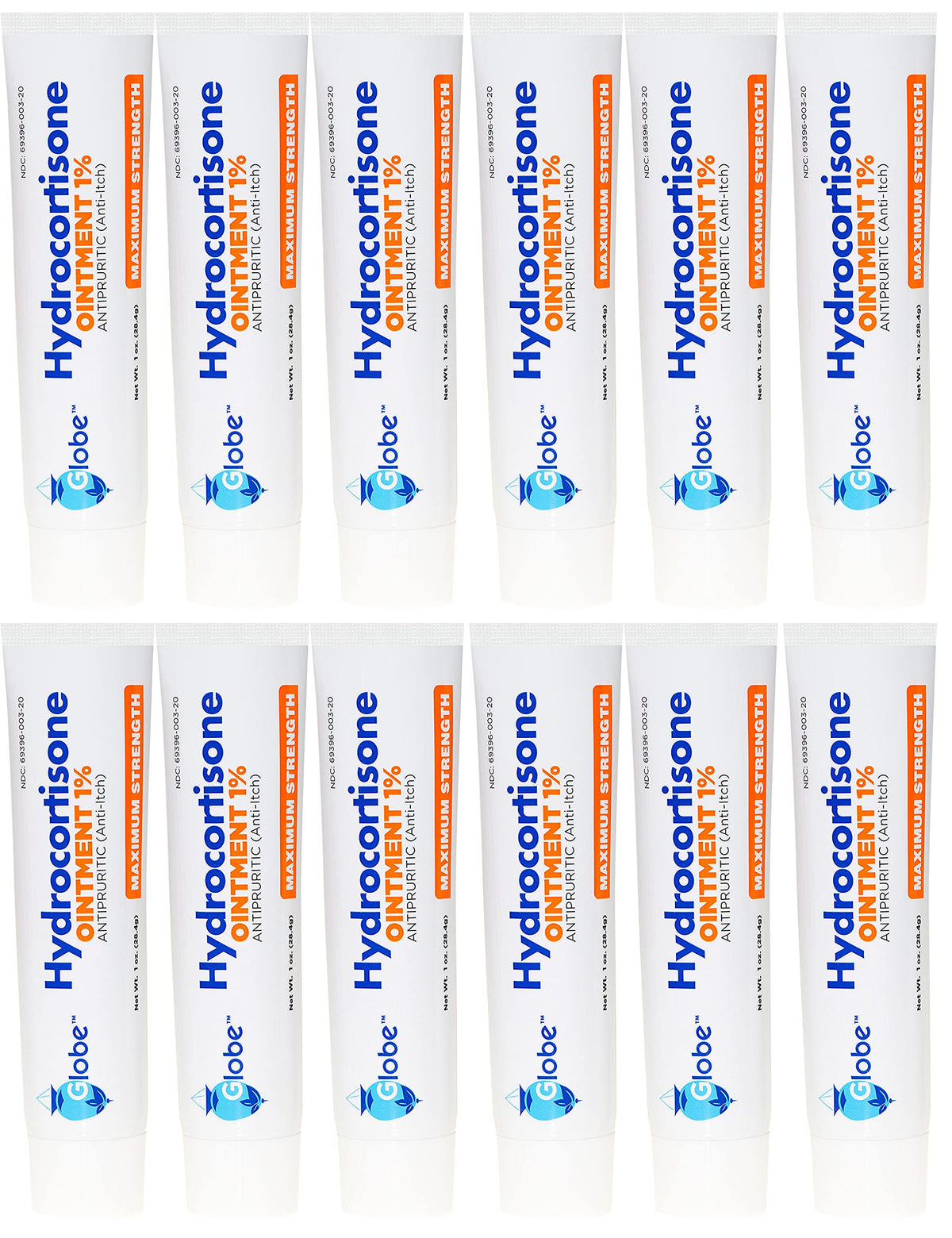 Globe Hydrocortisone 1% ointment 1oz tube shown for quick itch relief on skin.